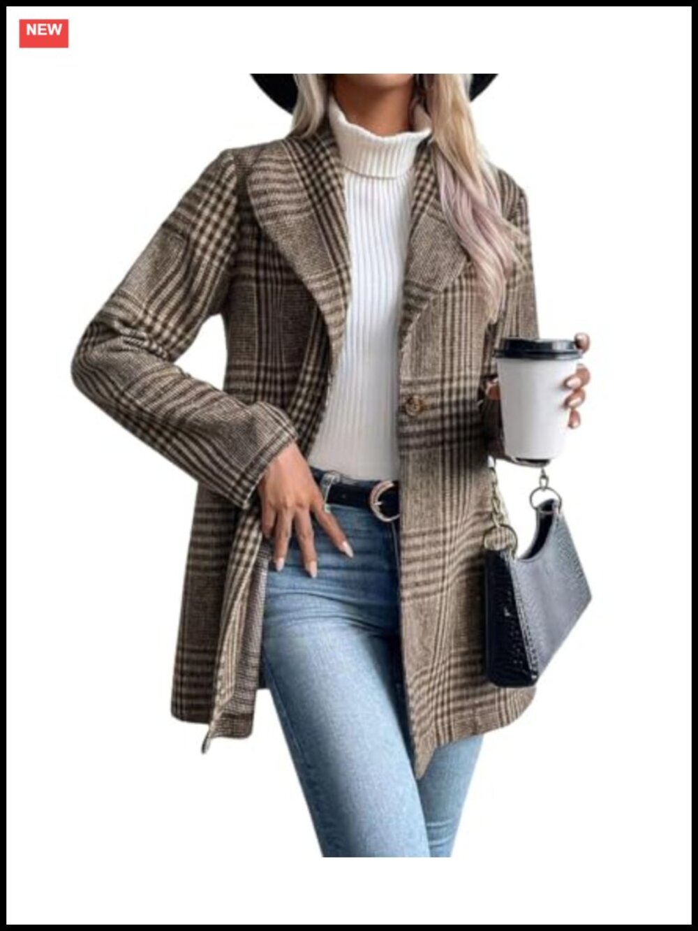 Wool Blend Plaid Blazer Coat Shawl Collar Trench Pea Coat